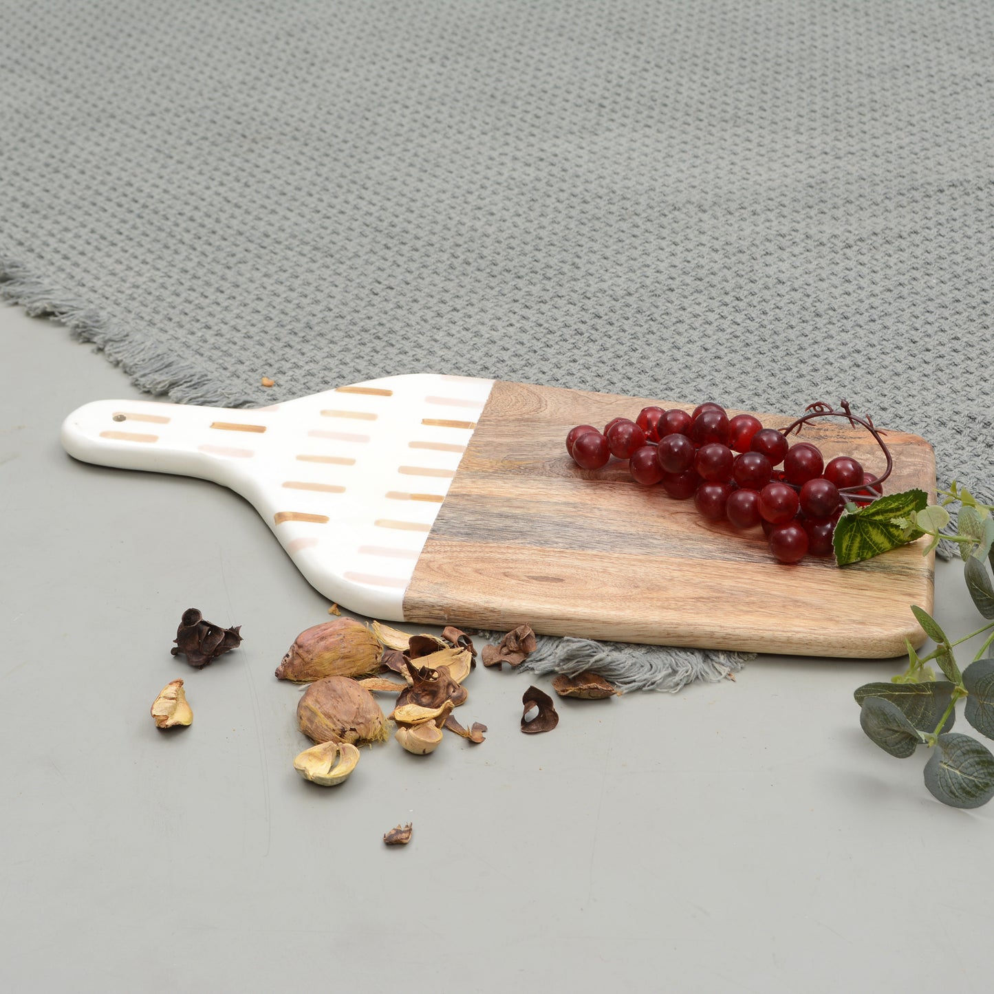 Foresthaven Hand Painted Wooden Chopping Board with Enamel for Kitchen - Wood Cutting Board with Holder (White & Brown, 44x21x1.5 cm)