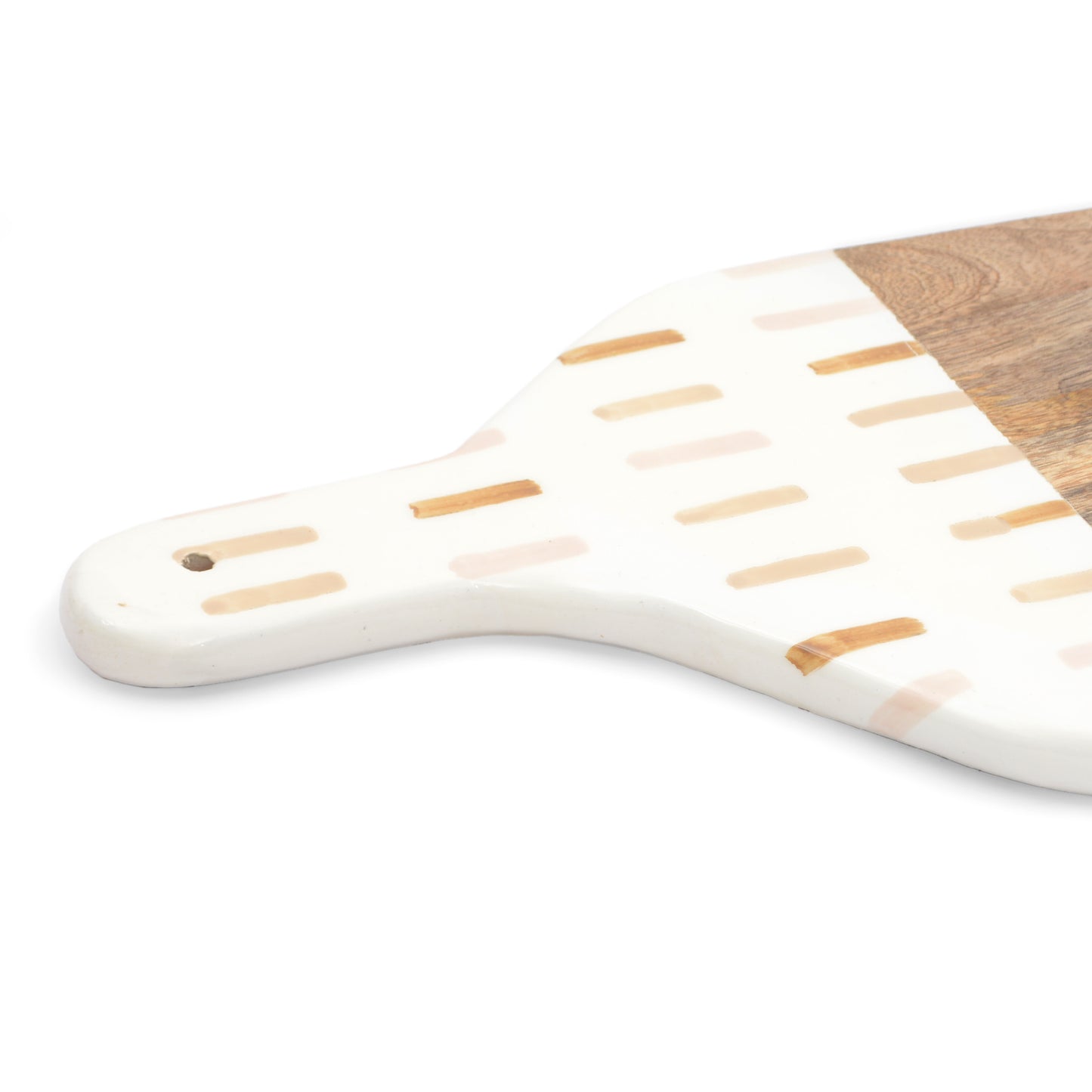 Foresthaven Hand Painted Wooden Chopping Board with Enamel for Kitchen - Wood Cutting Board with Holder (White & Brown, 44x21x1.5 cm)