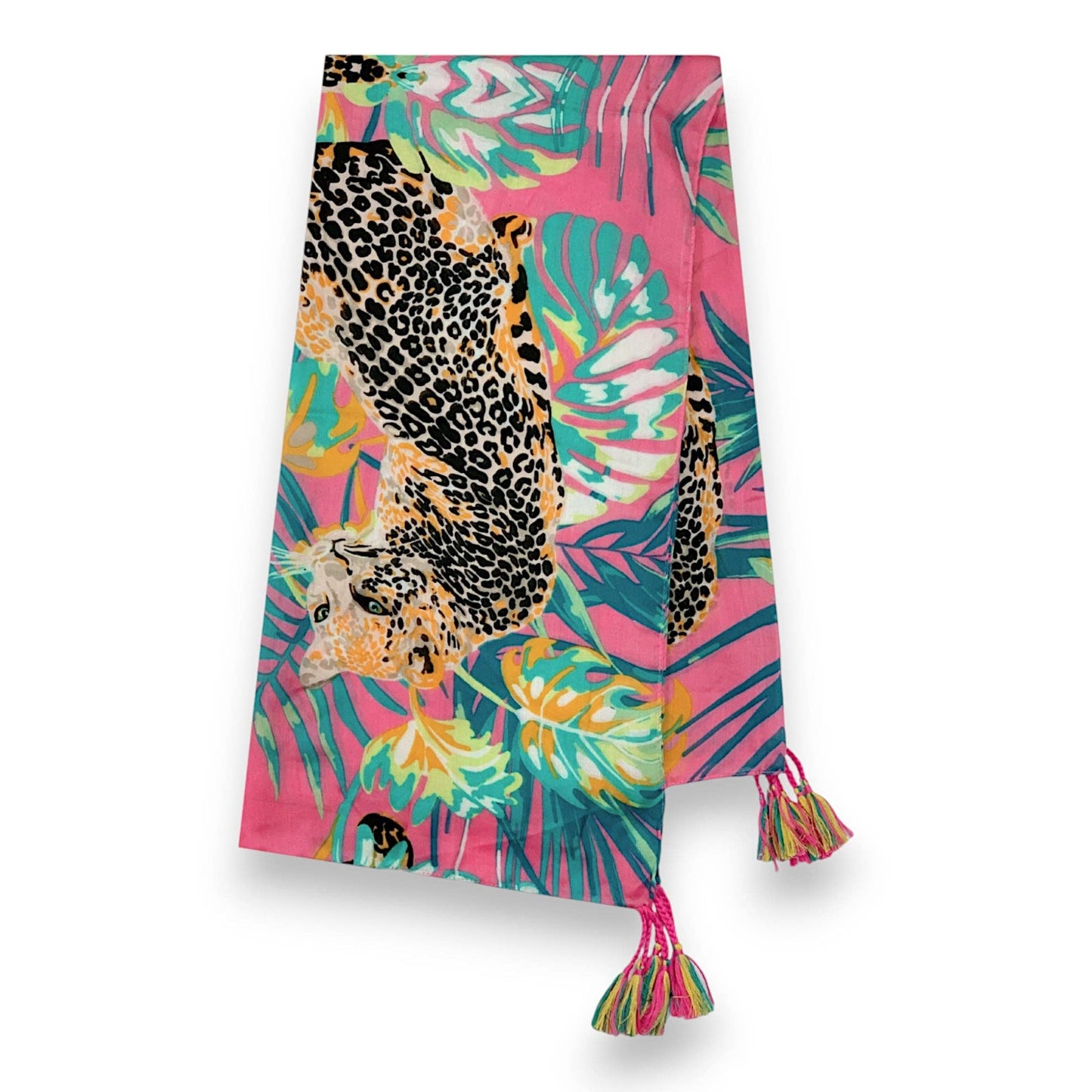 Panther Print Tassel Square Scarf: Pink