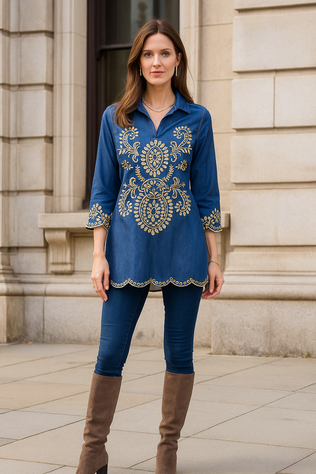 Denim Embroidered Tunic Top – Thread Detailing