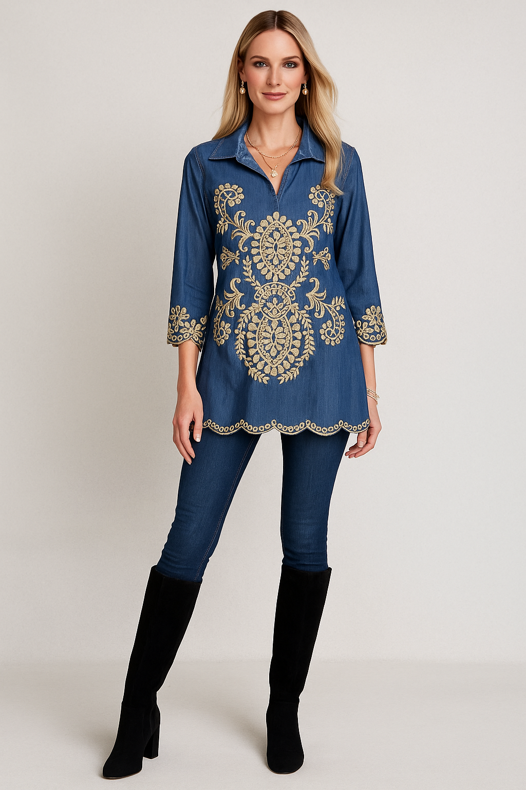 Denim Embroidered Tunic Top – Thread Detailing
