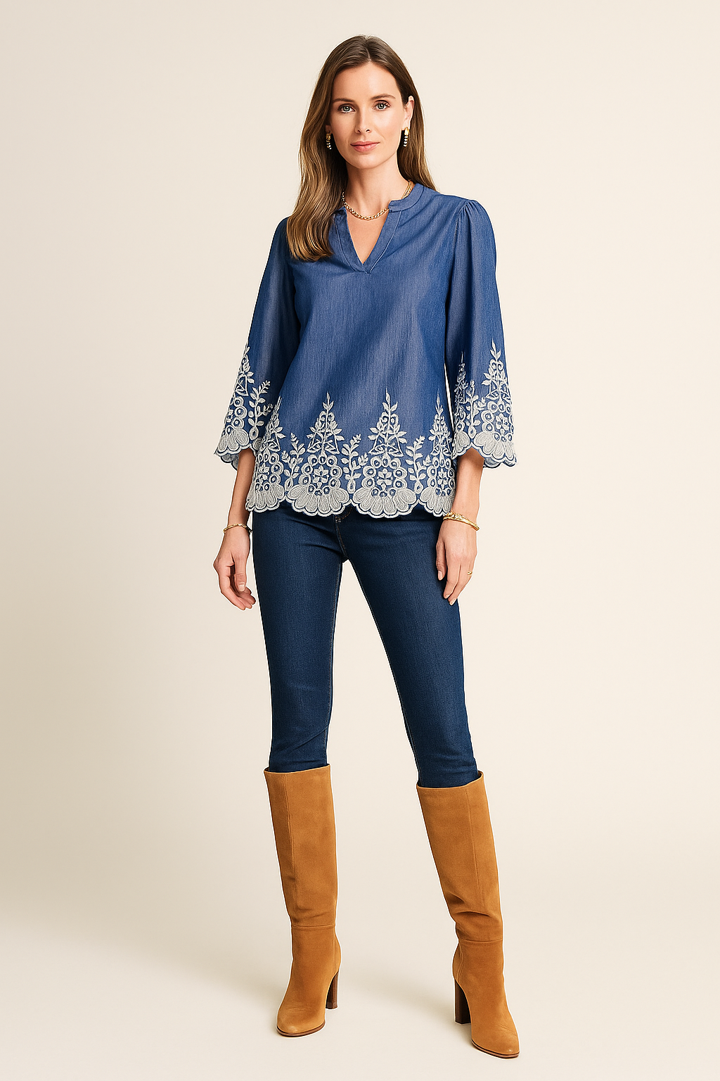 Denim Embroidered Lace Hem Top – White Floral Detailing