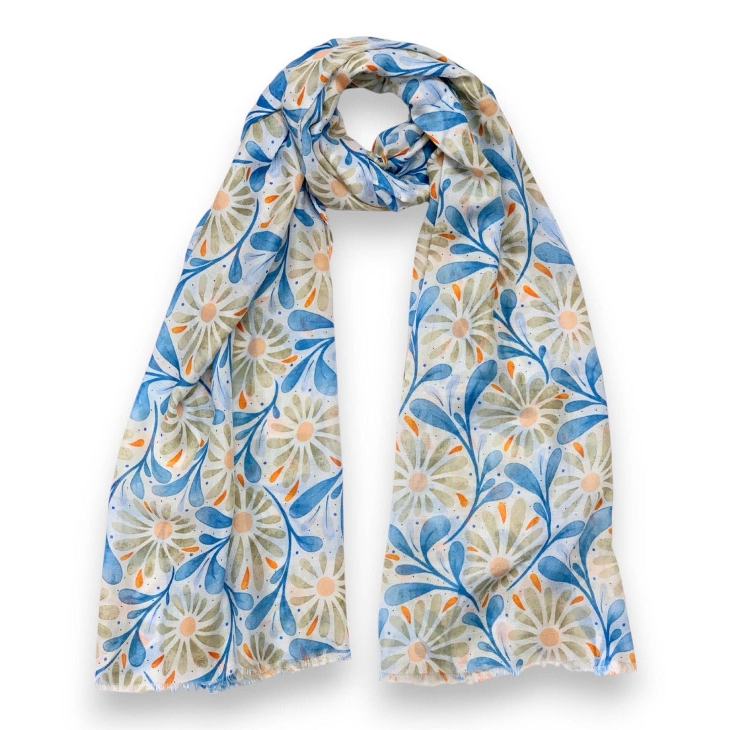 Daisy with Leaves Print Colourful Scarf: Orange