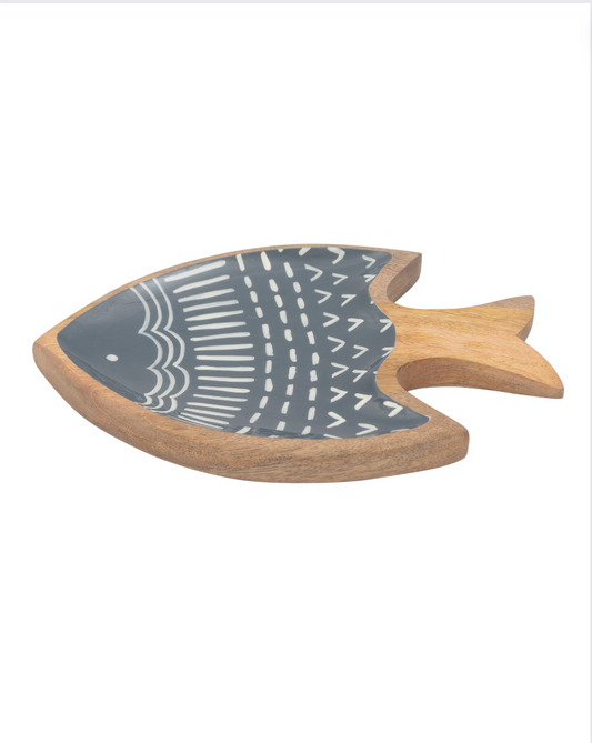 Fish Shape Blue Wooden Enamel Platter with Large Handle