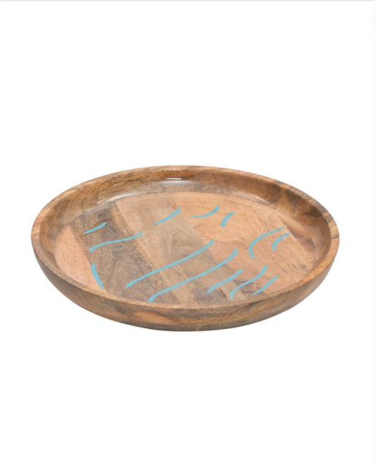 Wooden Serving Plate with Blue Inner Linings, Natural Wood