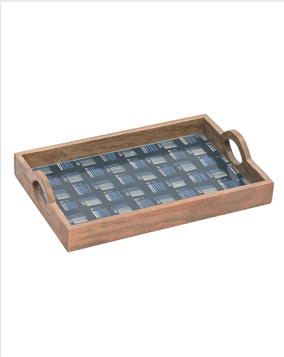 Wooden Rectangular Enamel Print Serving Tray with Handles