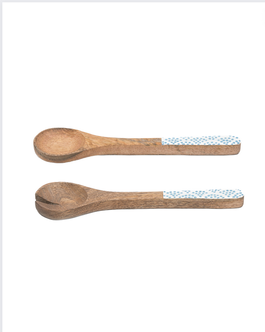Wooden Serving & Cooking Spoon With Enamel (Set of 2, White & Blue)