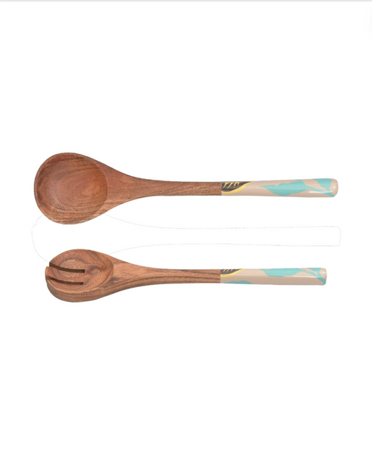 Wooden Serving & Cooking Spoon With Enamel (Set of 2, Mutilcolor)