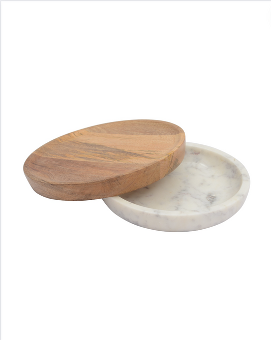 Handcrafted Round Shape Serving Board with Marble Bowl & Wooden Serving Plate