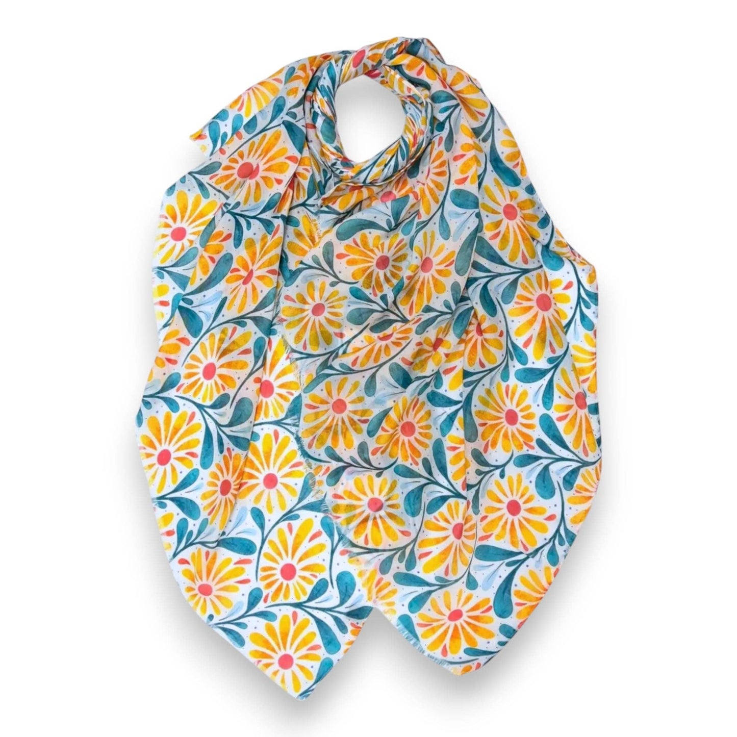 Daisy with Leaves Print Colourful Scarf: Orange