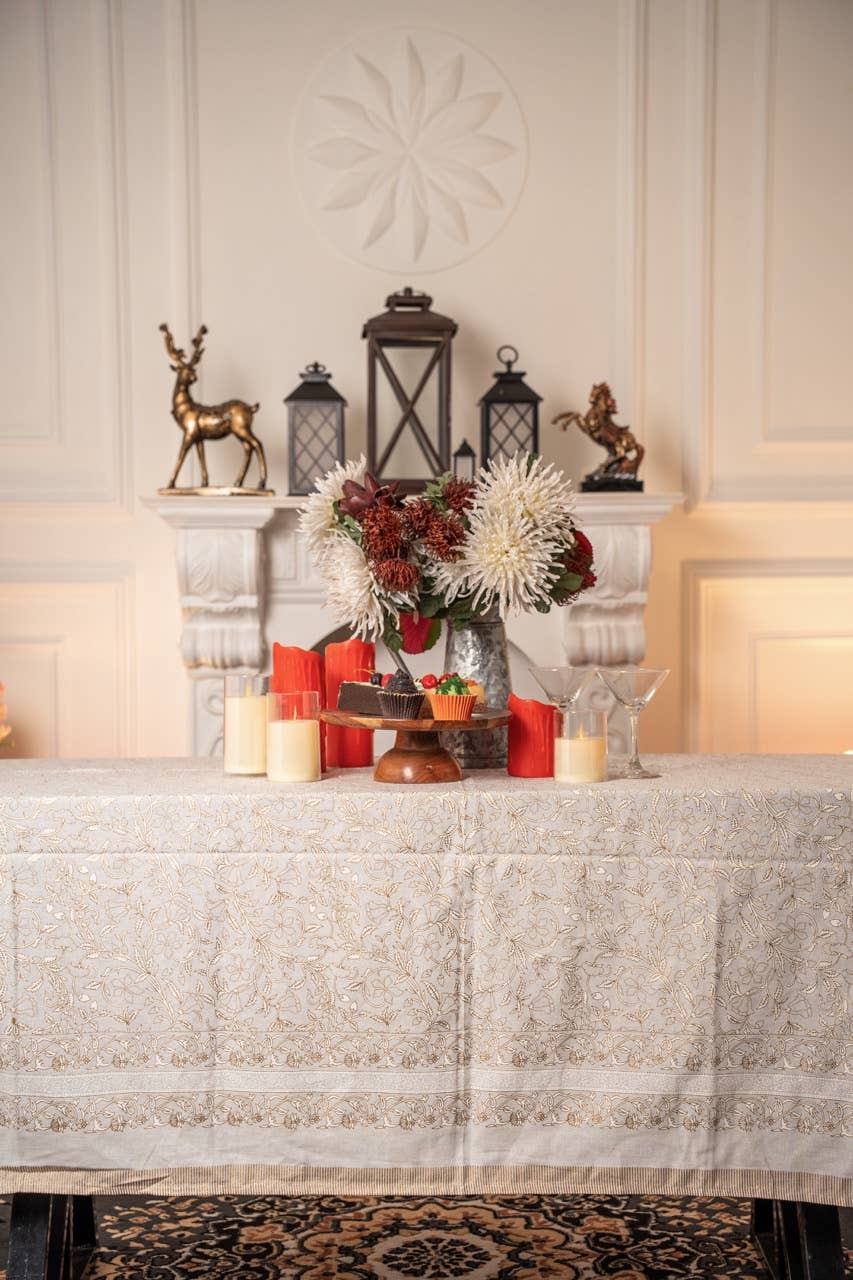 Gold Floral Hand-blocked Ivory Table Cover