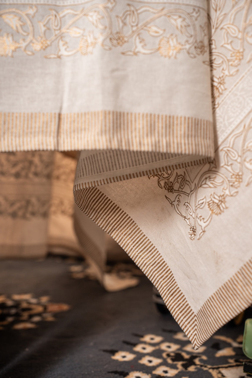 Gold Floral Hand-blocked Ivory Table Cover