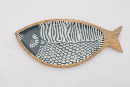 Fish Shape Blue Wooden Platter With Enamel