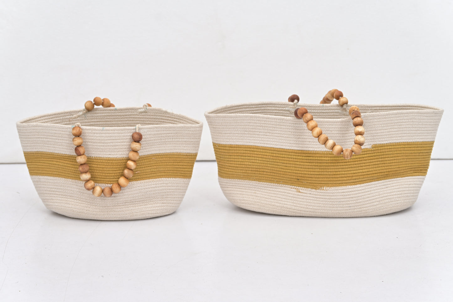 Yellow Striped Cotton Hand Bags with Wooden Beads Handles (Set of 2)