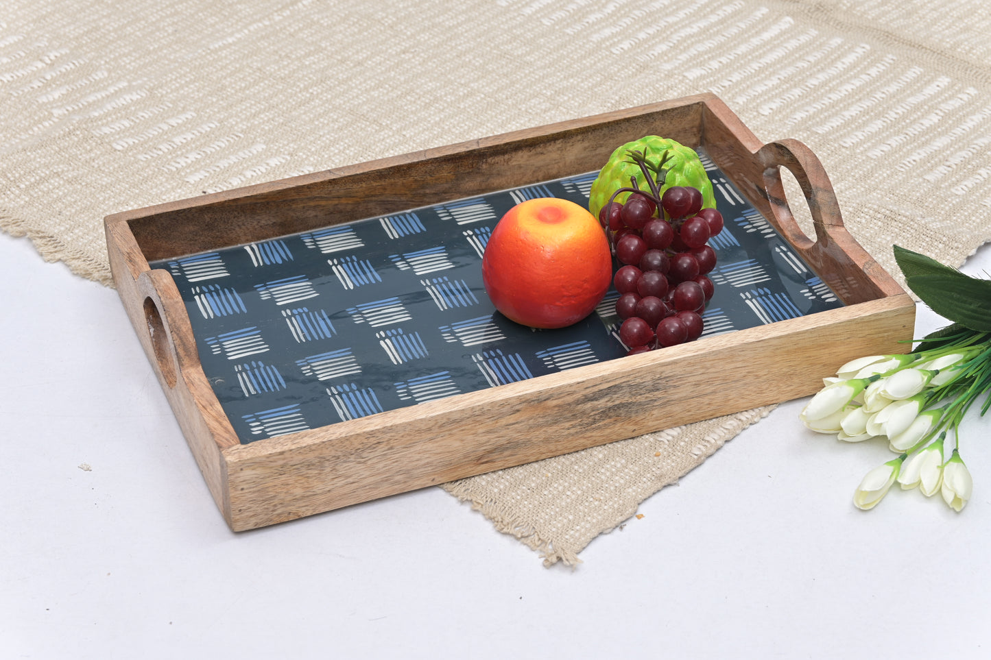 Wooden Rectangular Enamel Print Serving Tray with Handles
