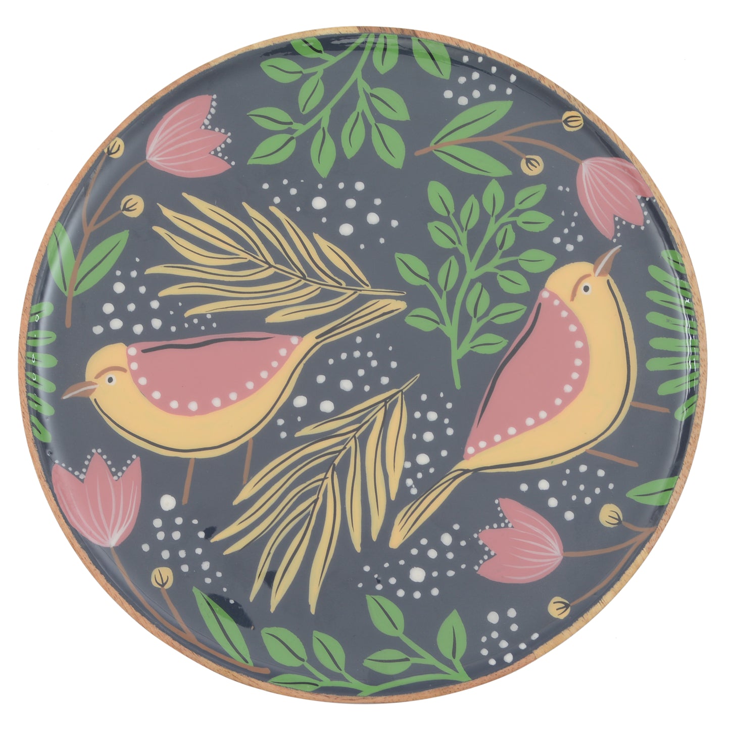 Hand Painted Wooden Round Plate with Enamel