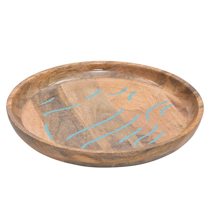 Wooden Serving Plate with Blue Inner Linings, Natural Wood