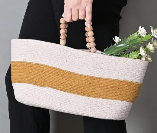 Yellow Striped Cotton Hand Bags with Wooden Beads Handles (Set of 2)