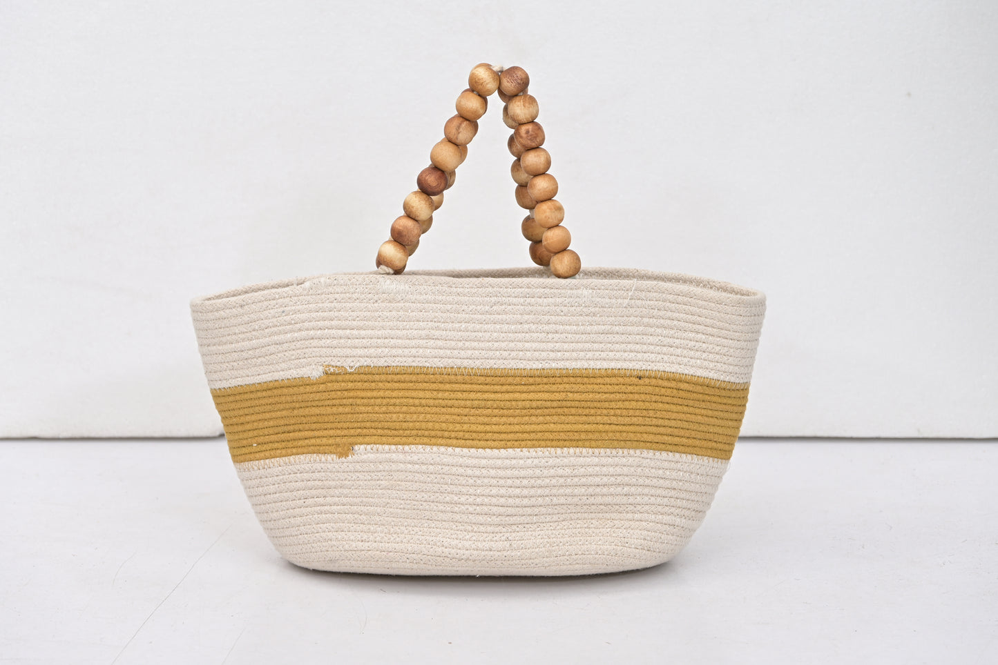 Yellow Striped Cotton Hand Bags with Wooden Beads Handles (Set of 2)