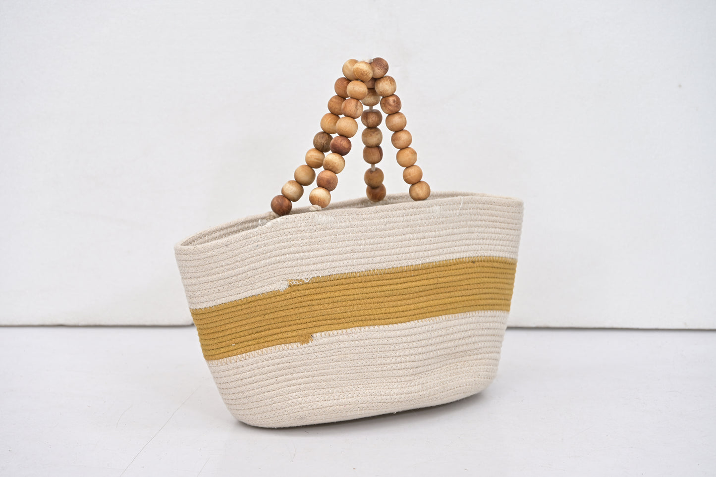 Yellow Striped Cotton Hand Bags with Wooden Beads Handles (Set of 2)
