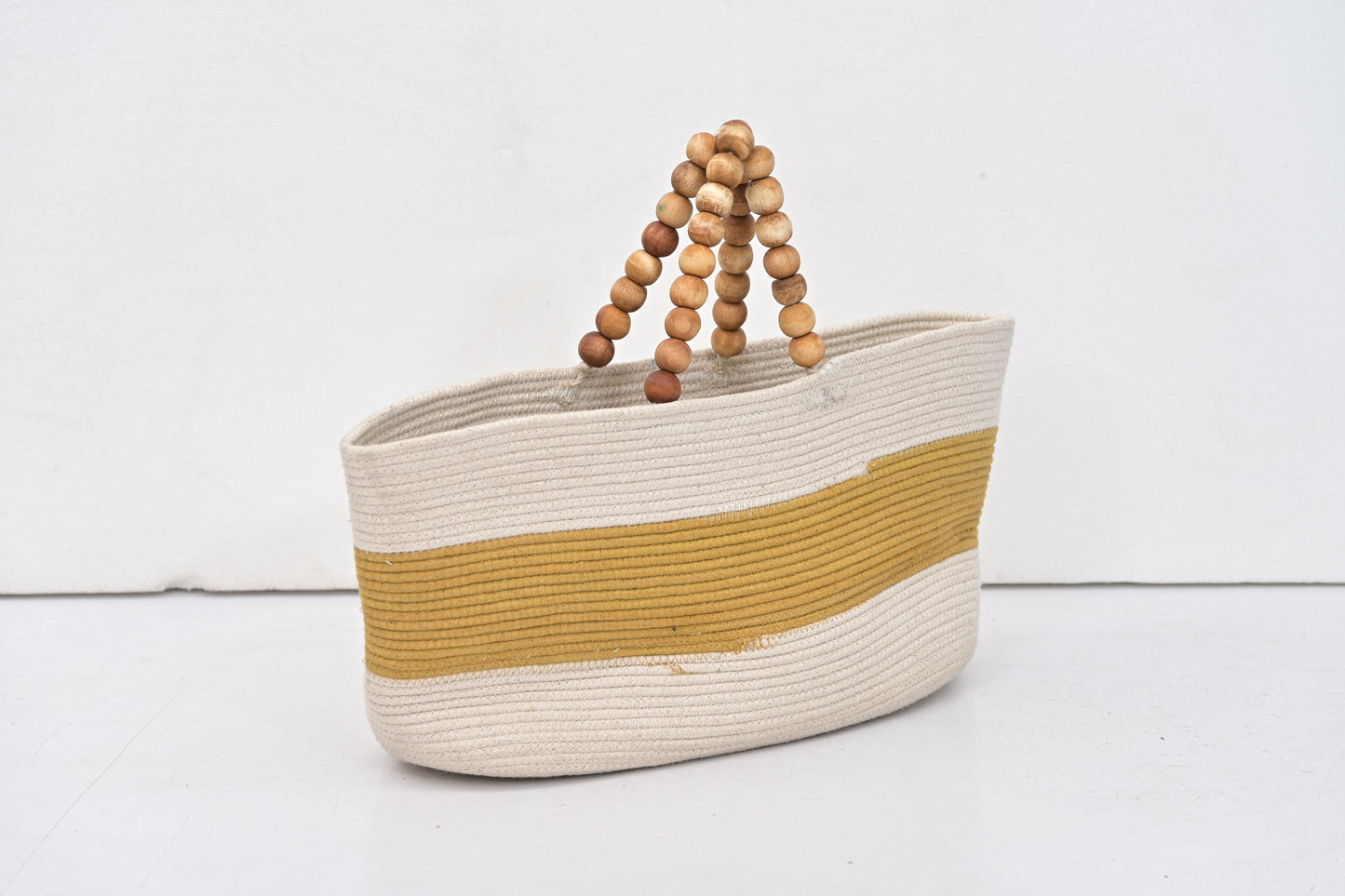 Yellow Striped Cotton Hand Bags with Wooden Beads Handles (Set of 2)