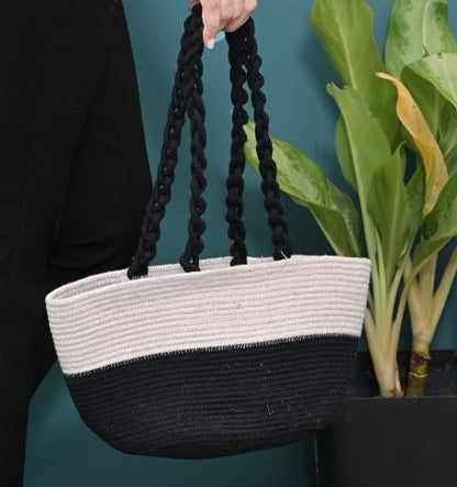 Striped Shoulder Bag with Braided Handle
