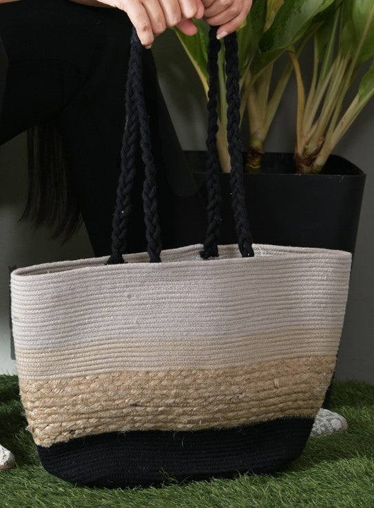 Handmade Three-Striped Cotton Jute Hand Bag with Braided Handle
