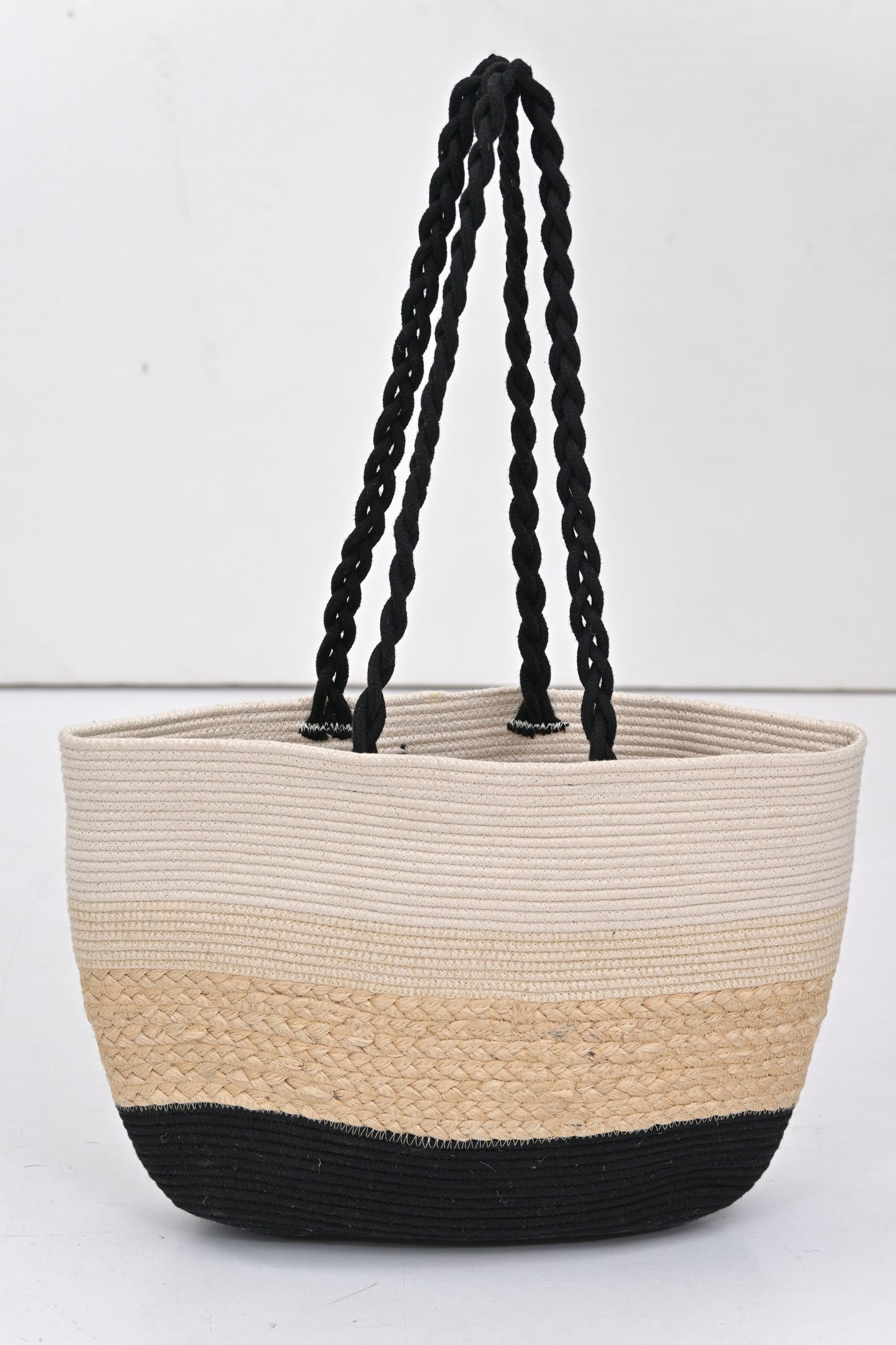 Handmade Three-Striped Cotton Jute Hand Bag with Braided Handle