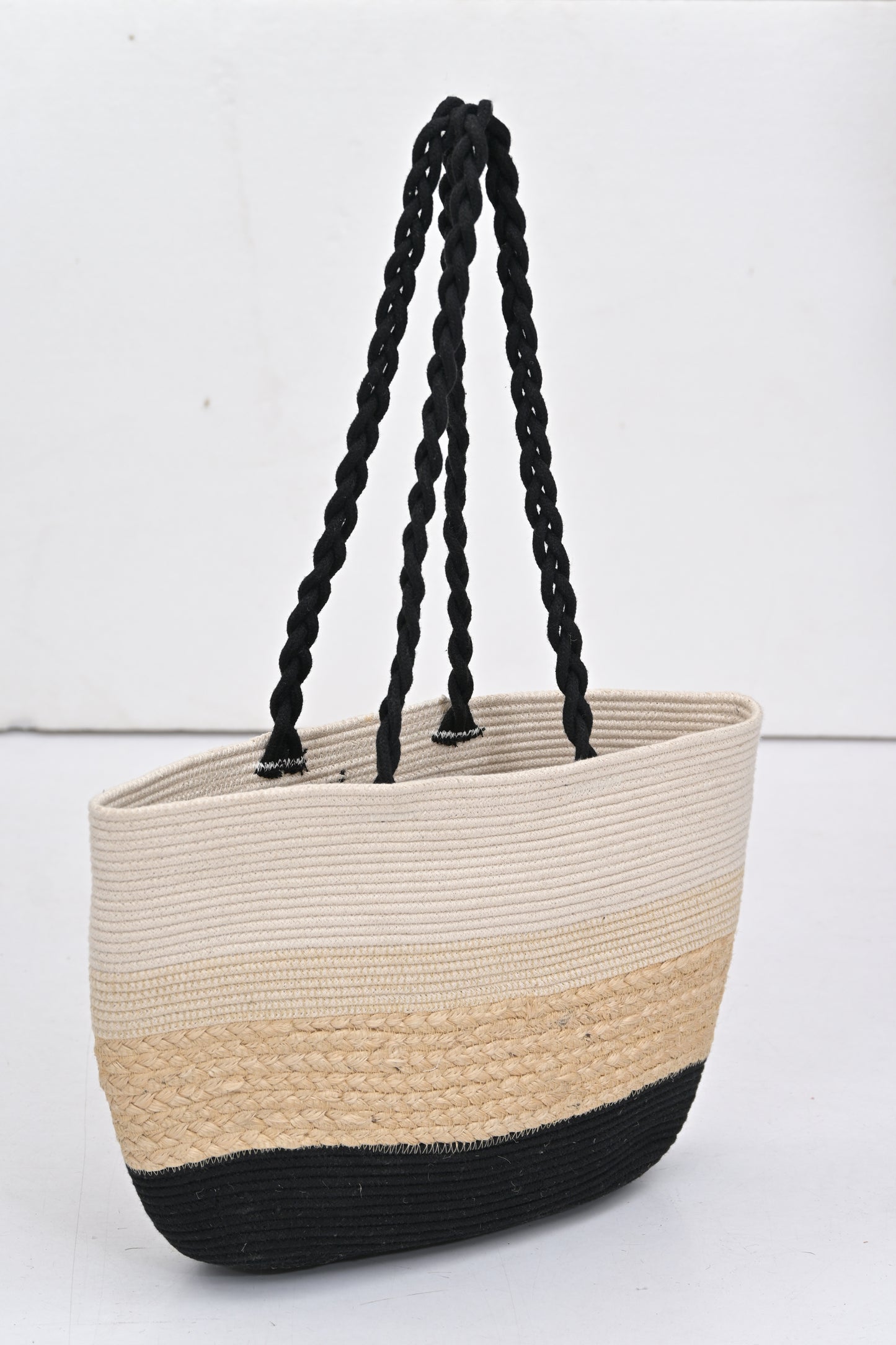 Handmade Three-Striped Cotton Jute Hand Bag with Braided Handle
