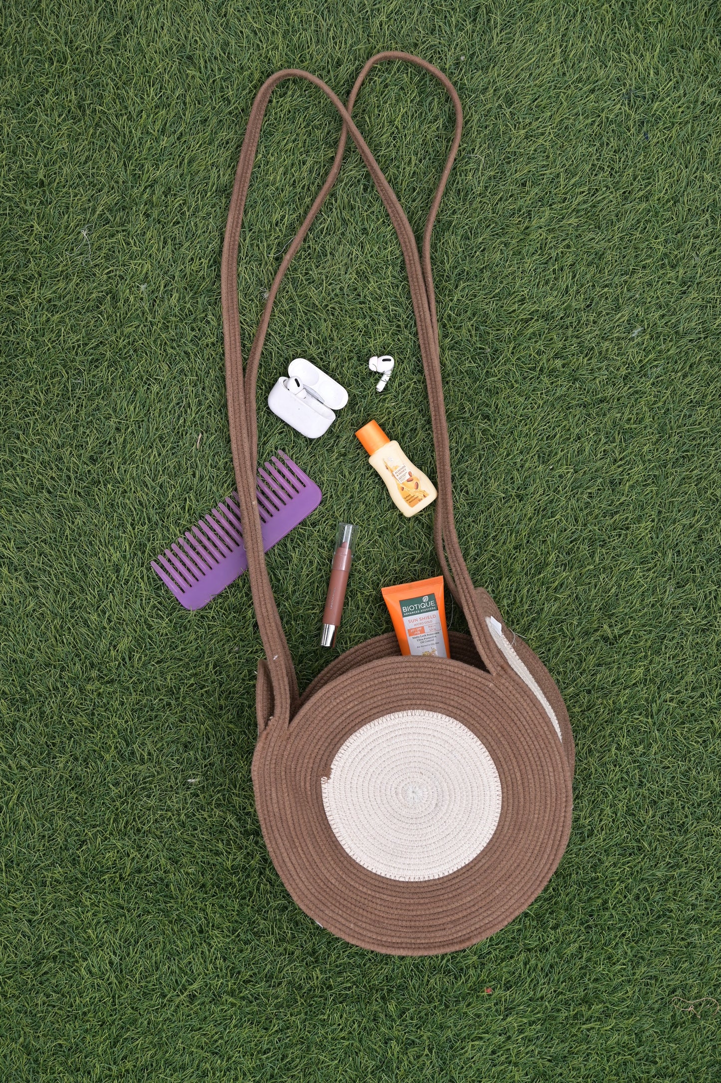 Circle Cotton Beige Crossbody Bag