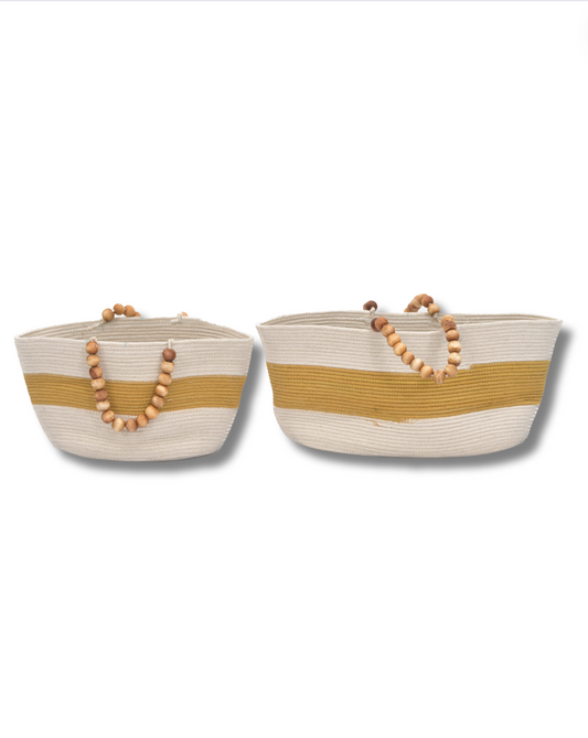 Yellow Striped Cotton Hand Bags with Wooden Beads Handles (Set of 2)