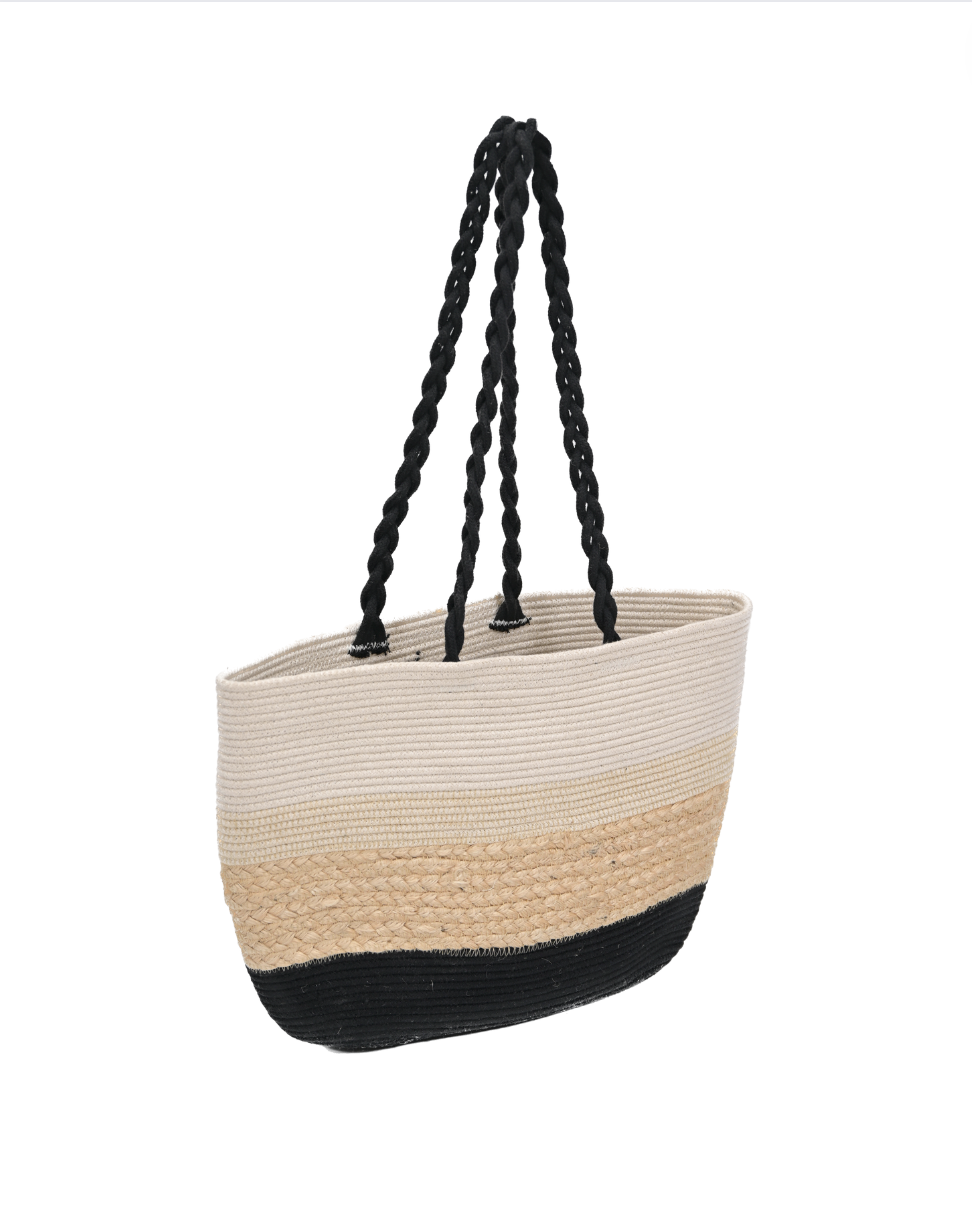 Handmade Three-Striped Cotton Jute Hand Bag with Braided Handle