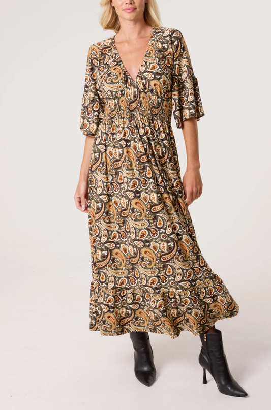Boho Paisley Print V-Neck Stretch Dress