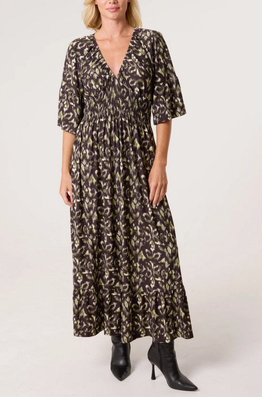 Abstract Animal Print Shirred Stretch Dress