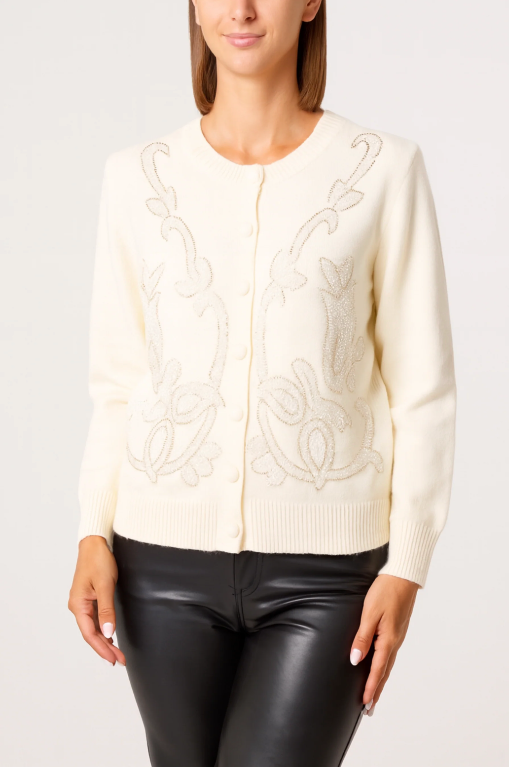 Beaded Vine Round Neck Knit Cardigan