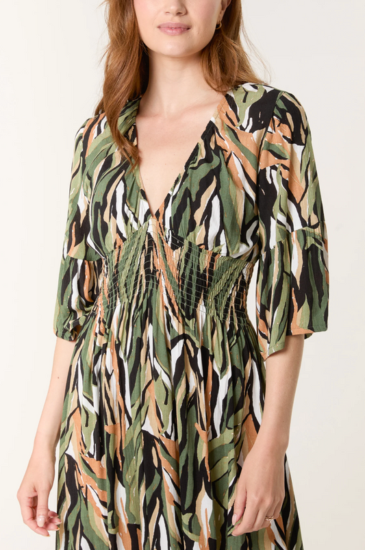 Abstract V-Neck Shirred Bust Dress