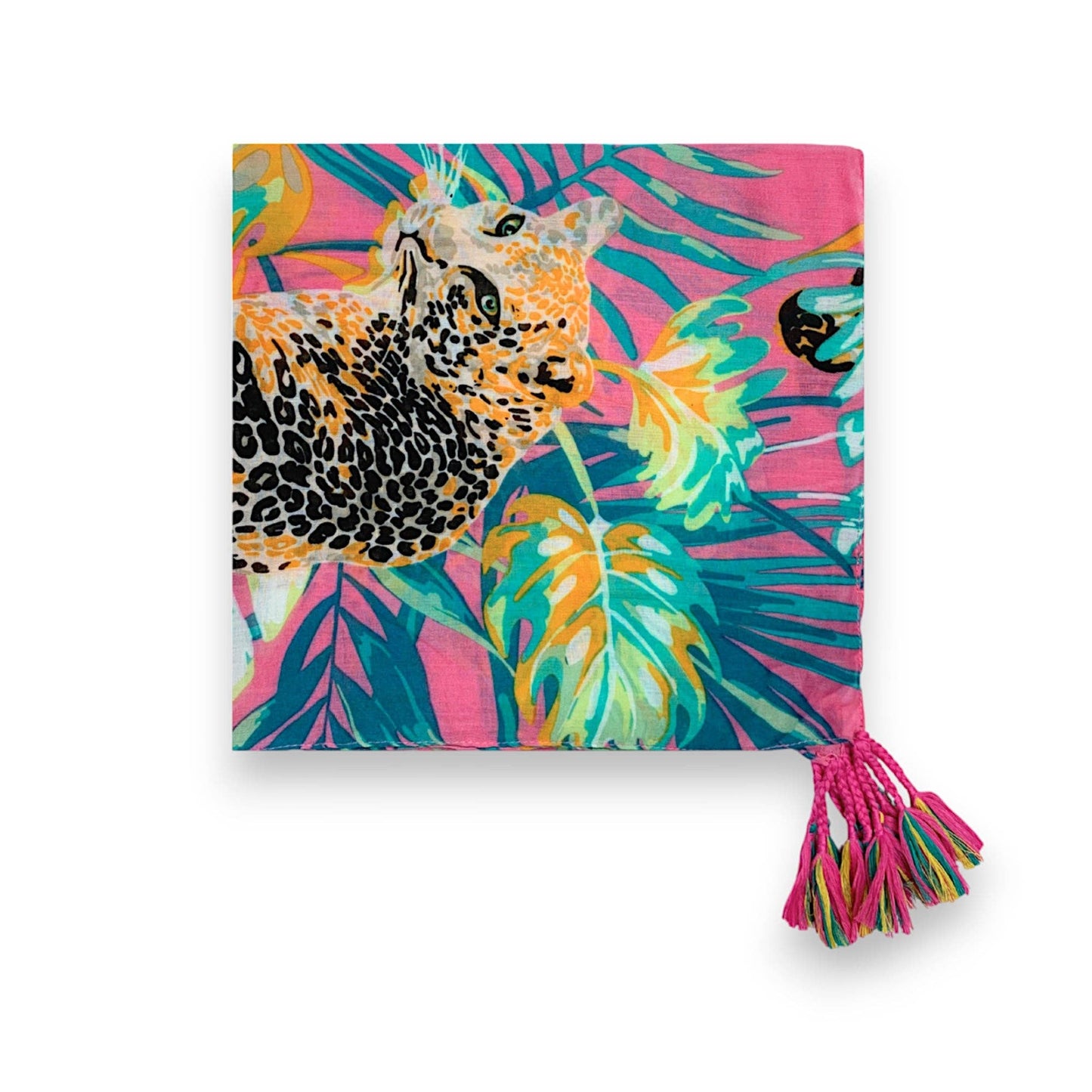 Panther Print Tassel Square Scarf: Pink