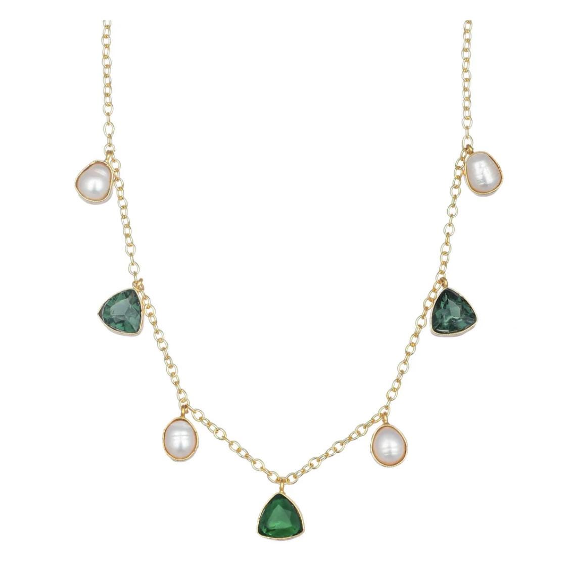 Emerald Pearl Necklace | Gold-Plated Necklace with Pearls & Green Triangle Stones | Elegant Statement Jewellery