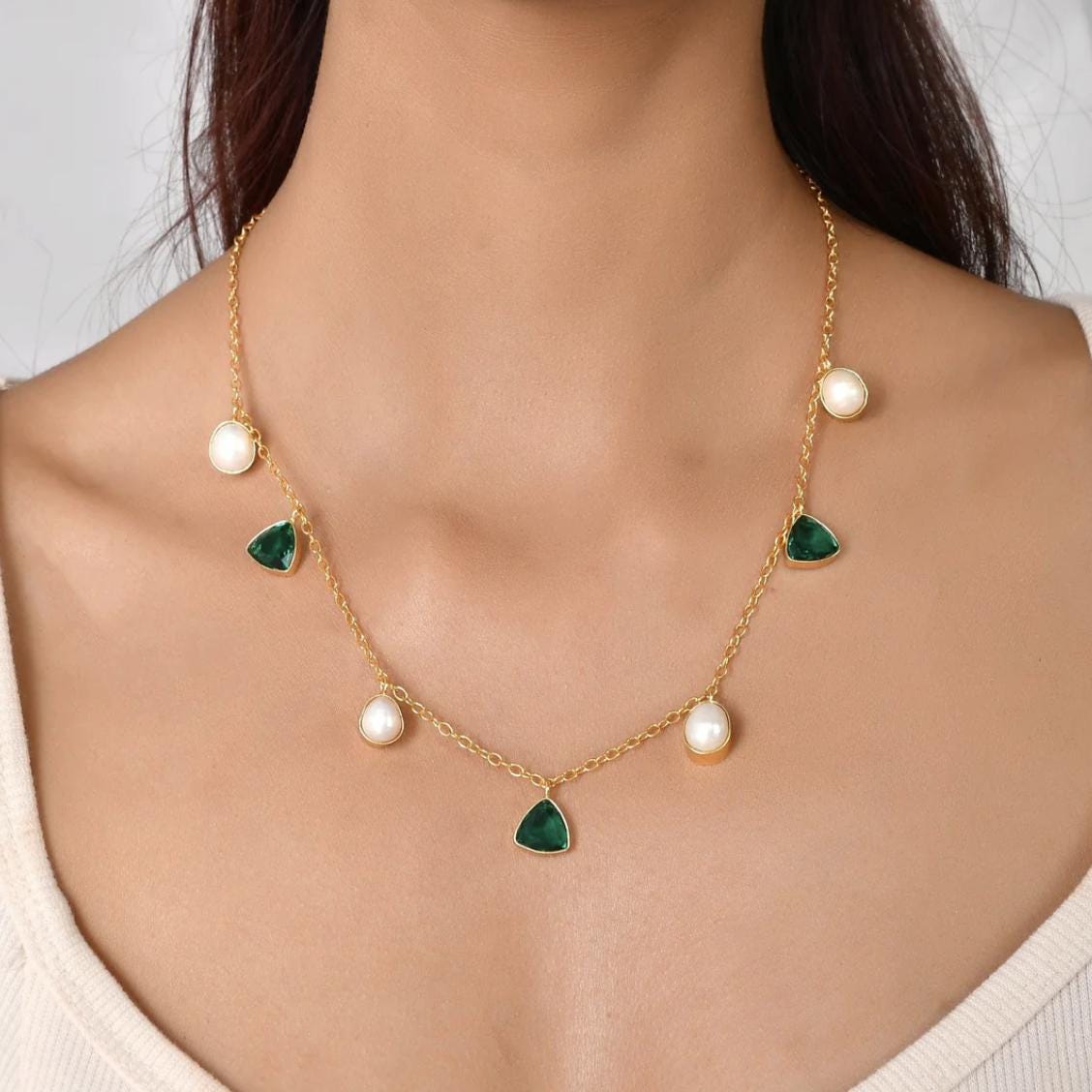 Emerald Pearl Necklace | Gold-Plated Necklace with Pearls & Green Triangle Stones | Elegant Statement Jewellery