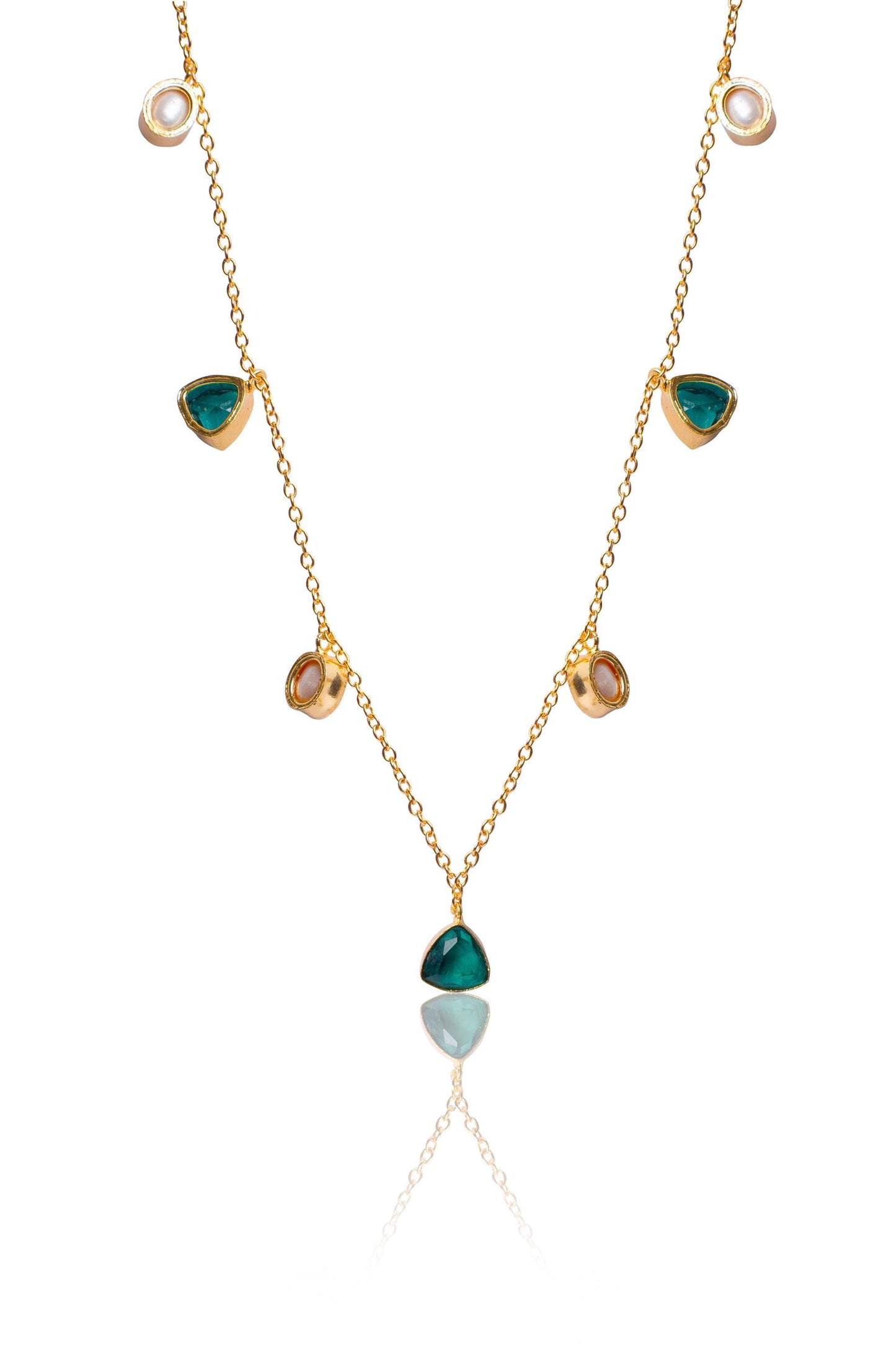 Emerald Pearl Necklace | Gold-Plated Necklace with Pearls & Green Triangle Stones | Elegant Statement Jewellery