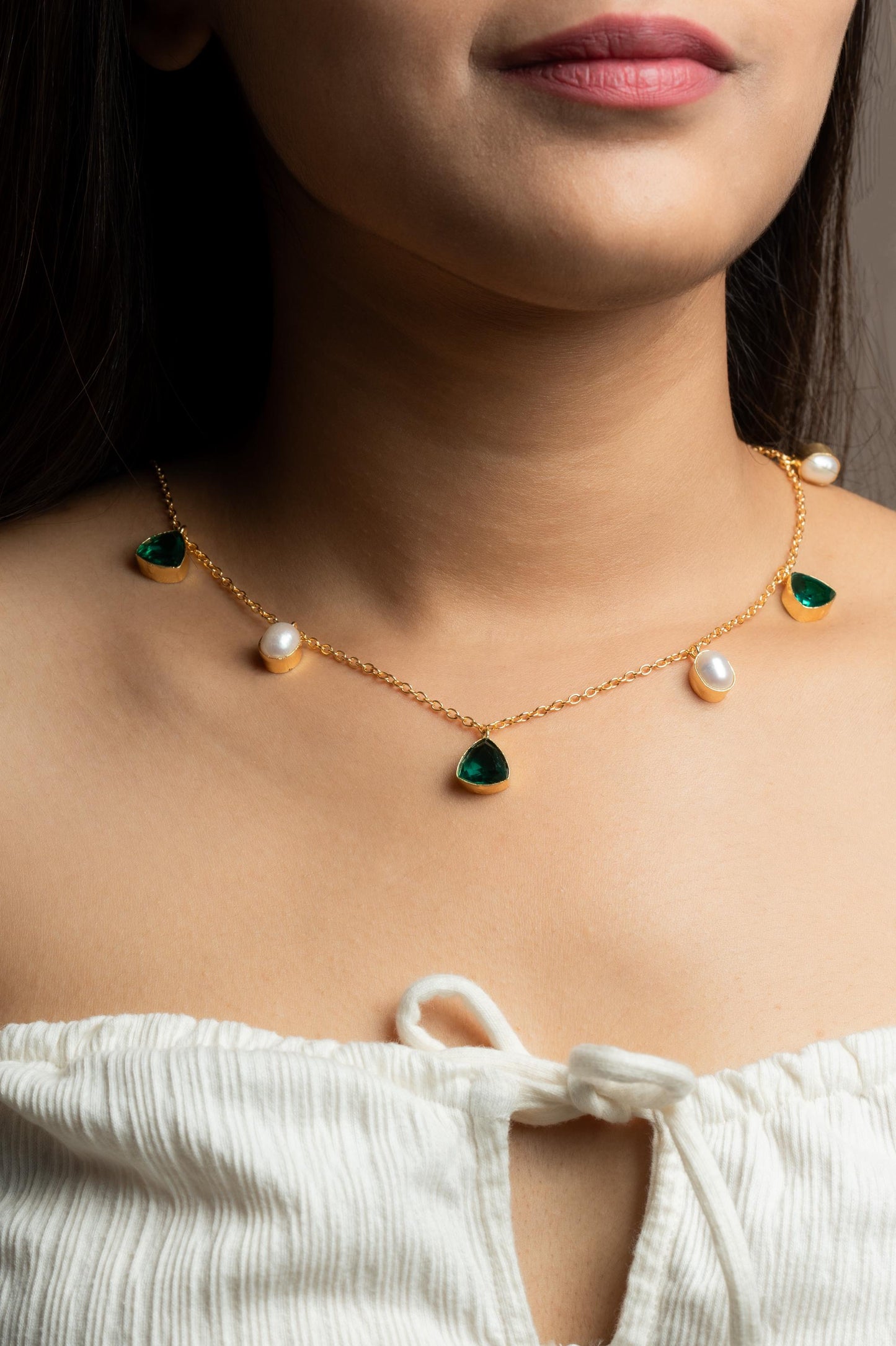 Emerald Pearl Necklace | Gold-Plated Necklace with Pearls & Green Triangle Stones | Elegant Statement Jewellery