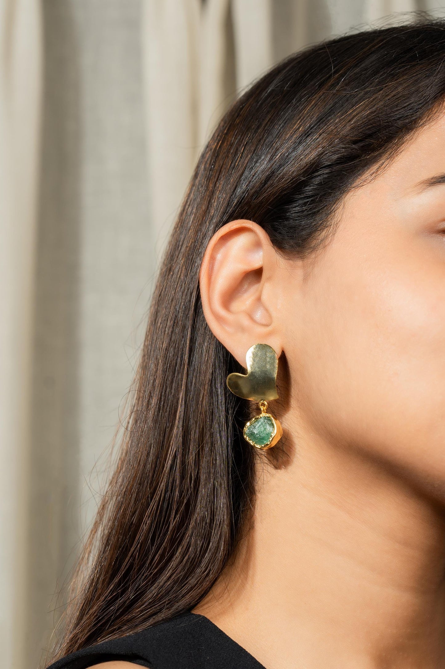 Emerald Heart Drops | Gold-Plated Heart-Shaped Earrings with Green Stone | Elegant Statement Jewellery