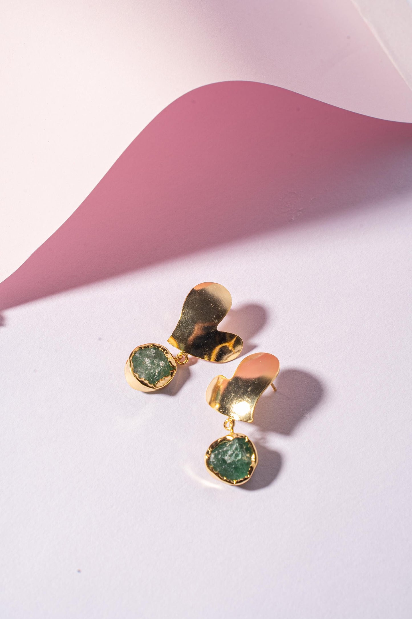 Emerald Heart Drops | Gold-Plated Heart-Shaped Earrings with Green Stone | Elegant Statement Jewellery
