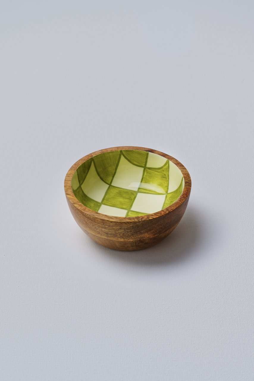 Green Chequered Wooden Bowl - Small