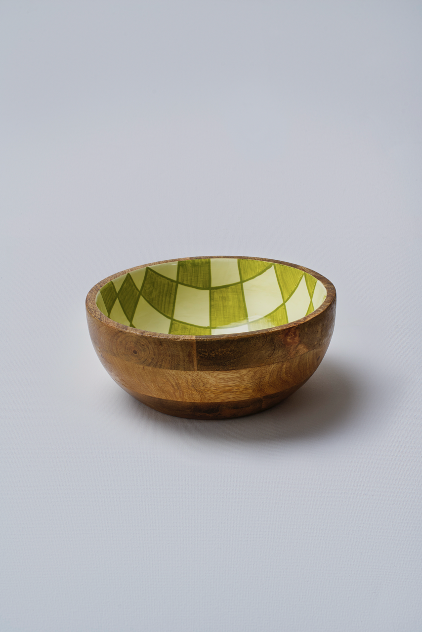 Green Chequered Wooden Bowl - Small