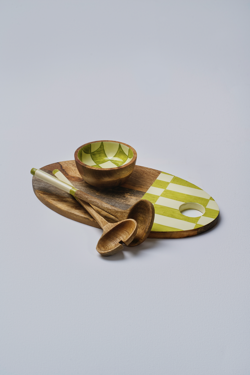 Green Chequered Wooden Bowl - Small