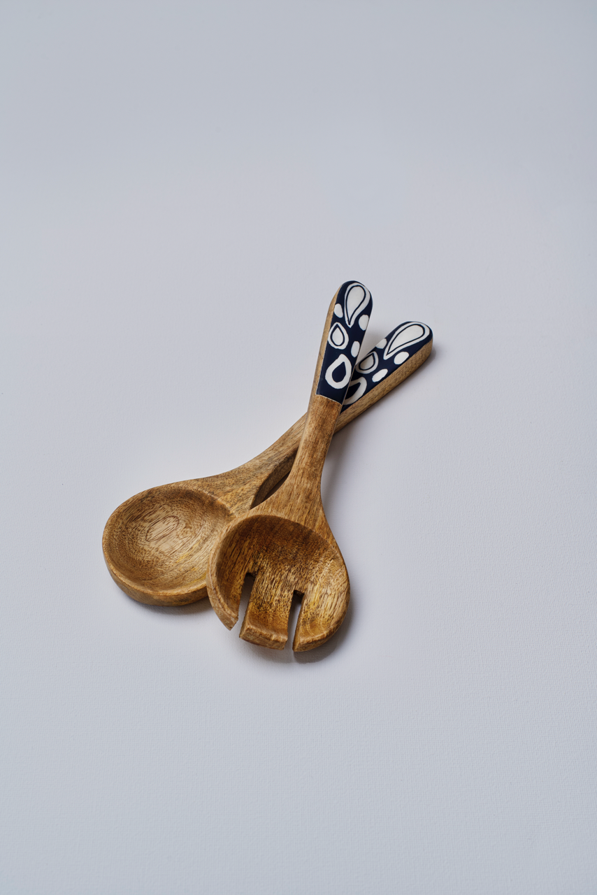 Monochrome Wooden Spoon & Fork Set with Enamel