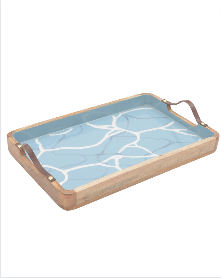 Aqua Blue Large Tray with Leather Handle