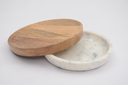 Foresthaven Wooden Serving Board with Marble Bowl | Serving Tray Cheese Board |Handmade Round Wood Platter| Serving Plates for Fruit Platter Food Dish - (Brown & White, 25x25x6 cm)