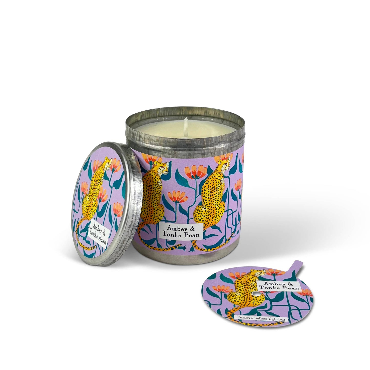 Amber & Tonka Bean - Cheetah Illustrated Candle Tin